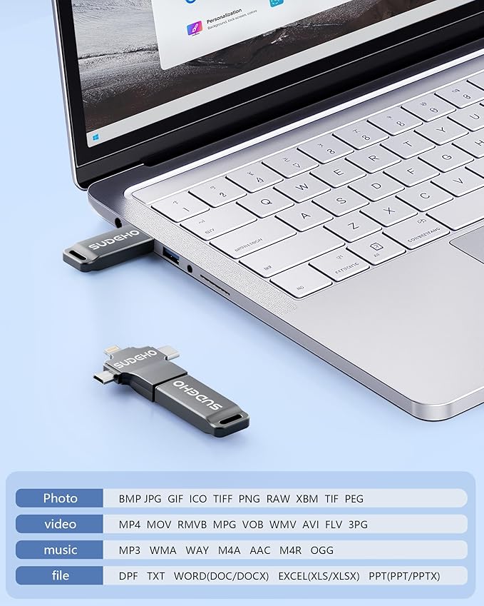 MFi Certified Photo Stick 128GB USB Flash Drive for iPhone, 4 in 1 External Memory Thumb Drive for Picture Video Data Backup, High Speed Memory Stick USB Drive for iPhone/iPad/Android/PC (Gun Black)