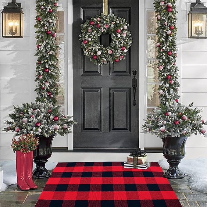 Red and Black Plaid Rug, 2'4" x 3'7" Check Outdoor Front Door Decorative Mat, Cotton Woven Rug for Layered Door Mats Washable Carpet for Porch, Entryway, Farmhouse, Christmas, Halloween