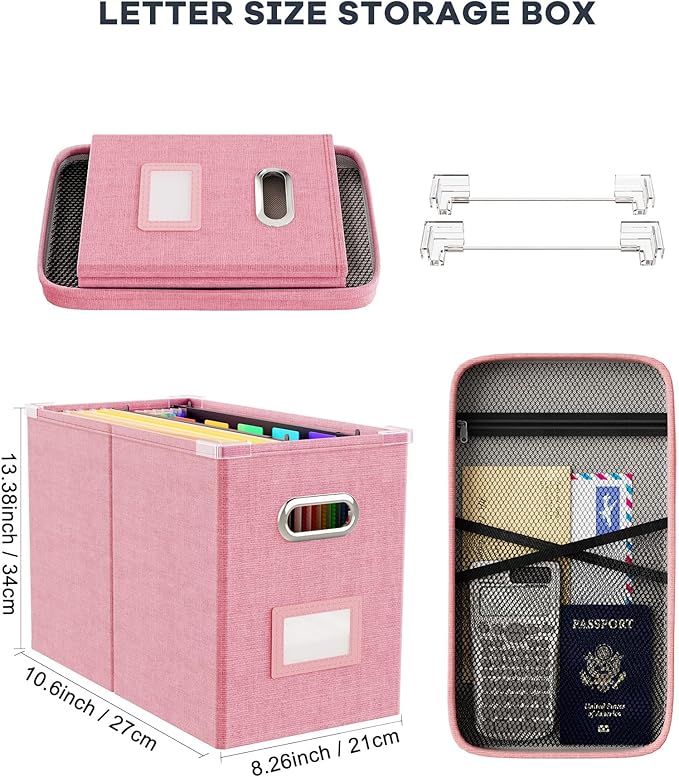 Oterri File Organizer Box with Lid, Hanging Filing File Box with Mesh Pocket, Document Organizer Box for Letter Files, Portable Storage Box with Smooth Sliding Rail for Office&Home (1 PCS, Pink)
