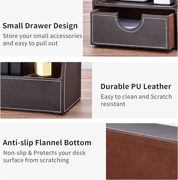 KINGFOM Pu Leather Desk Organizer Pen Pencil Holder Office Supplies Caddy Storage Box 6 Compartments with Drawer Brown