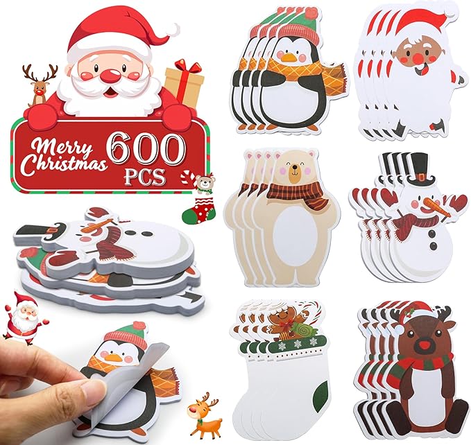 24 Pack Christmas Sticky Notes, Santa Snowman Reindeer & Penguin Cute Post Memo Pad Notes, Self Adhesive Notepads for Xmas Kids Adults Teacher Office School Winter Holiday Stationery