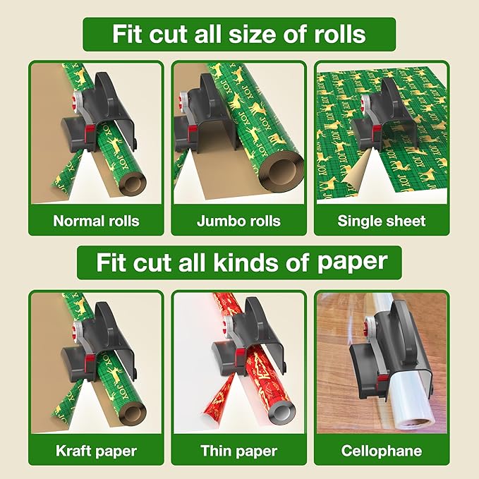 (2-Pack) Wheel Wrapping Paper Cutter & Tape Dispenser with 4 Tapes，2 Replace Blades Kit for Christmas Gift Wrap Cutter Tool Paper Roll Holder Tube Sliding Slicing for Birthday Holiday.