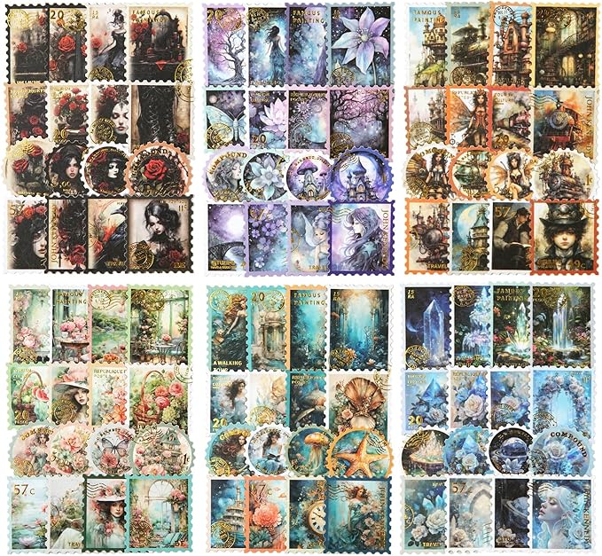 120Pcs Stamp Washi Stickers, Gold Foil Designs for Scrapbooking, DIY Crafts, Vintage Journaling Supplies, Junk Journal Ephemera, Includes Organizer