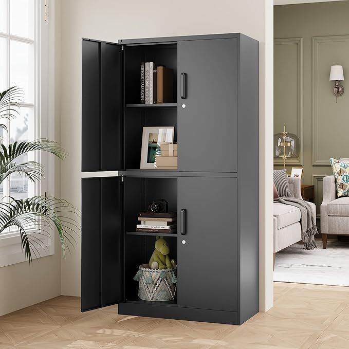 STANI Metal Storage Cabinet, Locking Steel Cabinet with 4 Doors and 2 Adjustable Shelves, 71" Tall Steel Cabinet for Home Office, Garage, School (Black)