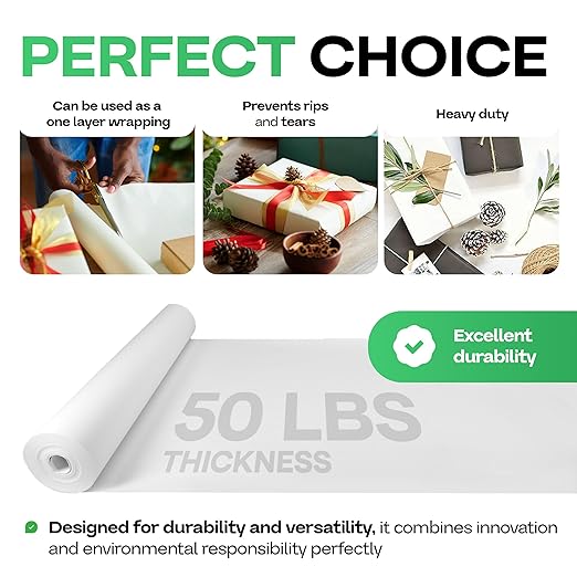 White Kraft Paper Roll 18" x 8640" (720 feet) - Quality USA-Made Large Paper Roll 50lb Thickness for Packing, Moving, Shipping & Crafts/Art - 100% Recyclable Natural Wrapping Material by IDL Packaging