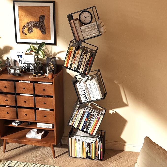 5-Tier Metal Geometric Bookshelf – Modern Narrow Floor Bookcase, Space-Saving Organizer for Living Room, Bedroom, Office, Corner – Black