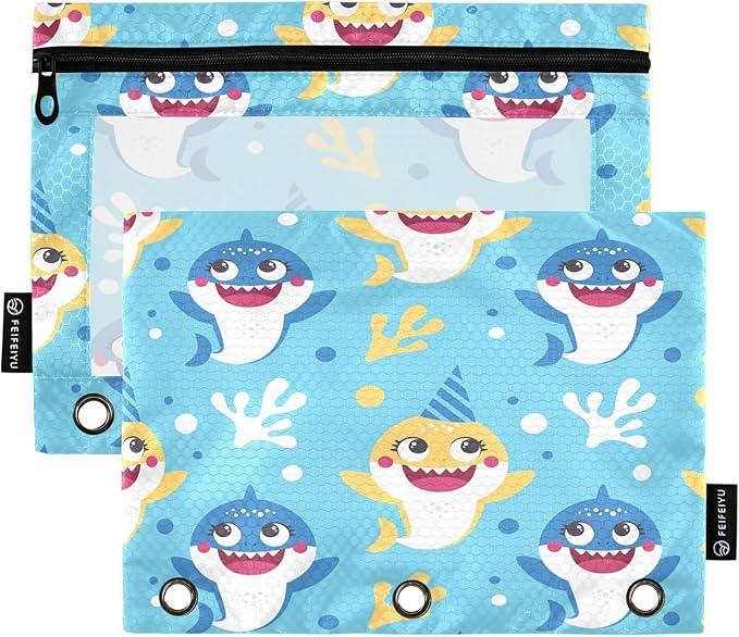 Cute Shark Pencil Pouch for 3 Ring Binder, 2 Pack Waterproof Pencil Bags Clear Window Zipper School Office Supplies