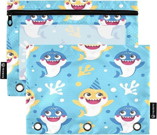 Cute Shark Pencil Pouch for 3 Ring Binder, 2 Pack Waterproof Pencil Bags Clear Window Zipper School Office Supplies