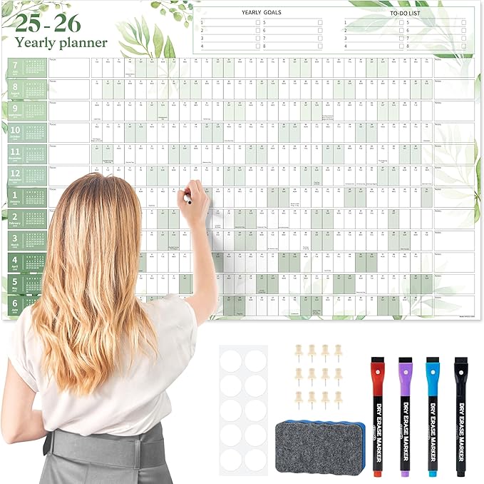 Ospelelf Large Wall Calendar 2025-2026 - 32'' x 48'' Dry Erase Calendar for Wall, 12 Month Laminated Calendar for Classroom, Family, Use July 2025 - June 2026 (Leaf)