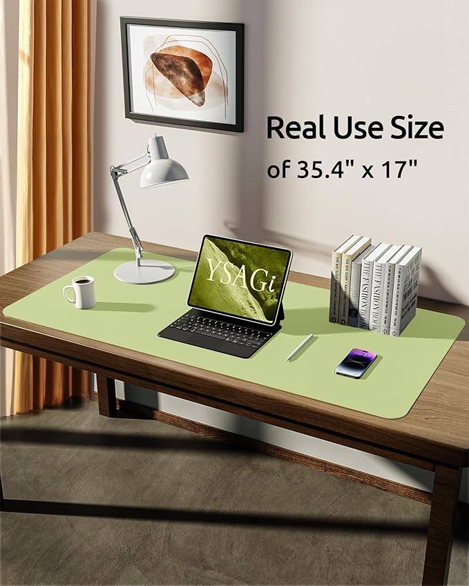 YSAGi Leather Desk Protector, Office Mat, Large Mouse Mat, Non-Slip PU Leather Blotter, Laptop Desk, Waterproof Writing Pad for Office and Home (Peak Green, 35.4" x 17")