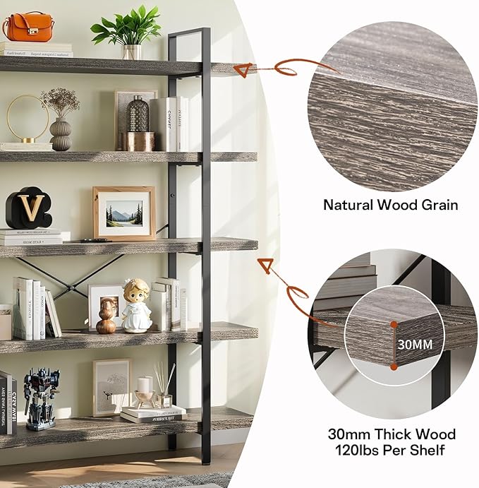 Bookcase, 47 Inch Wide Wood Bookshelf, 120lbs Shelf Capacity, Rustic Open Shelving Industrial Display with Reinforced Horizontal Shelves for Living Room Bedroom Office (5 Tier - Grey)