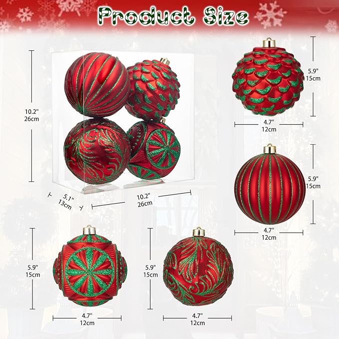 Hollyone 4.7 Inch Large Red and Green Christmas Ornaments 4Pcs Christmas Tree Balls Ornaments Shatterproof Christmas Ornaments for Xmas Tree Decor Holiday Party Wreath Home Decor (Red & Green, 120mm)