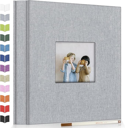 Photo Album Self Adhesive Scrapbook Album for 3x5 4x6 5x7 8x10 Pictures, 60 Pages Linen Cover with Display Window DIY Photo Book,Ideal Gifts for Family Travel Wedding Baby