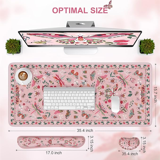 iCasso Large Mouse pad for Desk, Computer Desk Mat, 3Pcs XXL Keyboard and Mouse Pad + Keyboard Wrist Rest, Desk Matt for Desktop, Easy Typing Pain Relief Ultra Thick Mousepad Keyboard Mat(Pink)