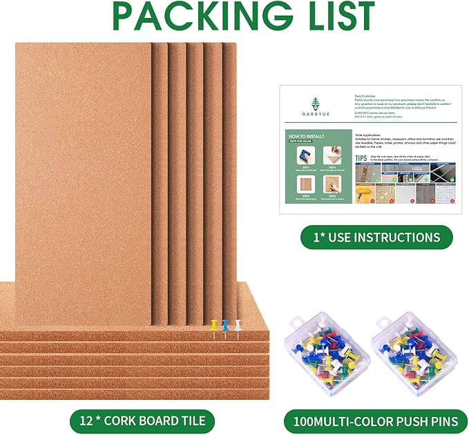 Transform Your Space with GARDYUE's 12-Pack Cork Bulletin Board Tiles - 17 x 8 Inches, 1/2" Thick, Self-Adhesive, Frameless, and Eco-Friendly - Perfect for DIY, Office, School, and Home Decor