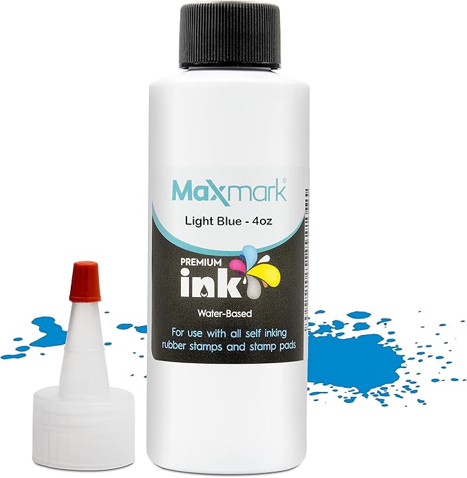 MaxMark Premium Refill Ink for self Inking Stamps and Stamp Pads, Light Blue Color - 4 oz.