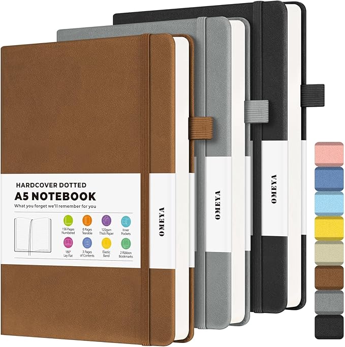 Bullet Dotted Journal Notebook 3 Pack, A5 Dotted Journal with 120gsm Paper, Leather Dotted Notebook, Hardcover Dot Grid Notebook Each with 156 Nmubered Pages, Dot Journal for Women, Men 5.75" × 8.38"