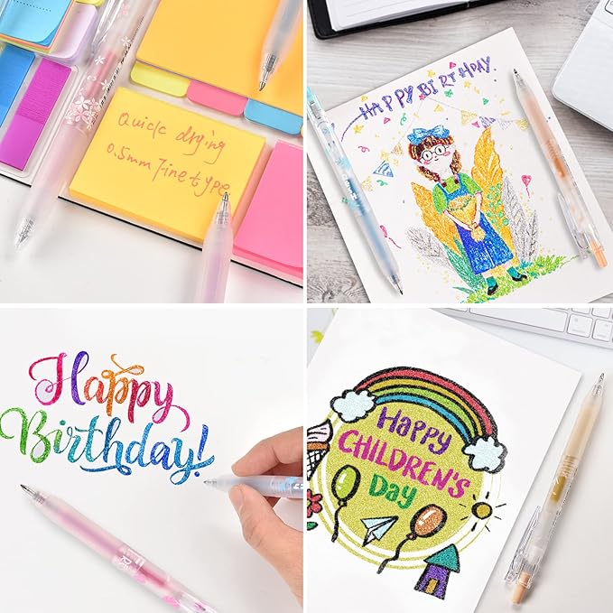 EooUooIP Glitter Gel Pens, 16 Assorted Colors 0.7MM Fine Tip Retractable Rolling Ball Pens, Quick-Drying Ink Sparkly Gel Ink Pens for Adults Journaling Coloring Books Drawing Doodling