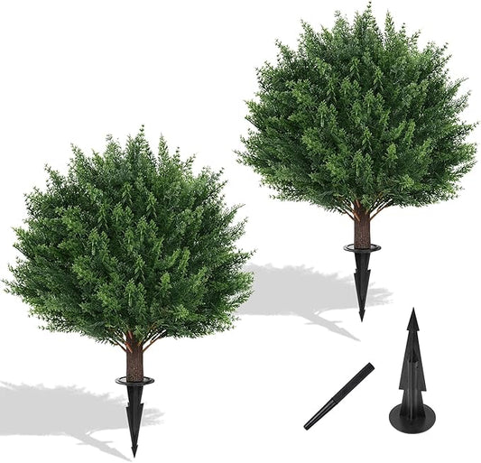 Artificial Set of 2 Cedar Topiary Ball Trees 23" for Outdoors with Ground Spike, UV Resistant Faux Cypress Plants, Evergreen Shrubs Bushes for Front Porch Garden Backyard Decor