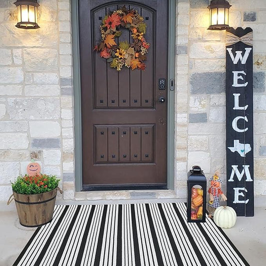 CAINANEL Black and White Striped Outdoor Rug 27.5'' x 43'' Front Door Mat Handwoven Cotton Indoor/Outdoor for Layered Door Mats,Welcome Door Mat, Front Porch,Farmhouse,Entry Way