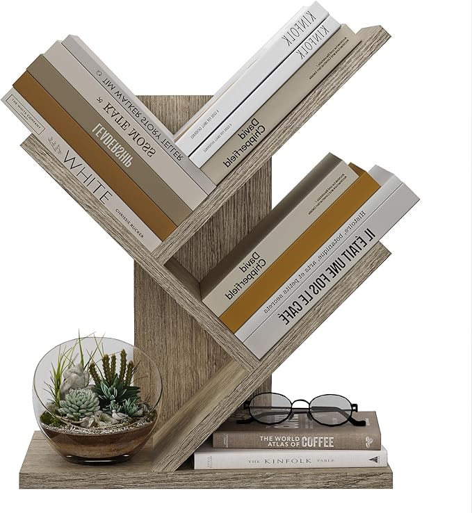 Tajsoon 3 Tier Tree Bookshelf, Small Bookshelf, Desktop Bookshelf Floor Standing Bookcase Display for CDs/Magazine/Books, Book Organizer Shelves for Bedroom, Living Room, Office, Greige