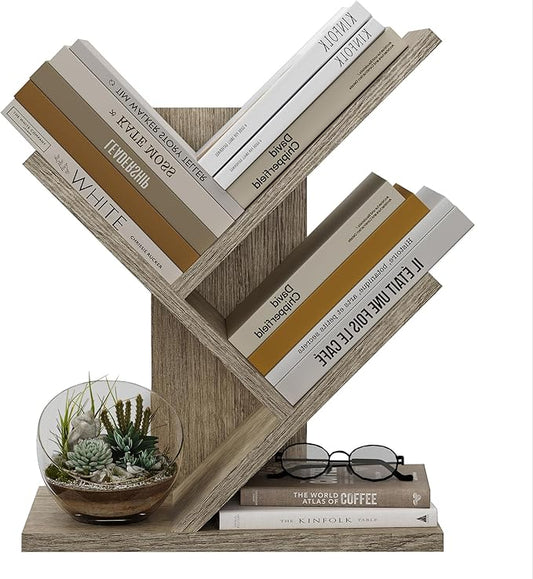 Tajsoon 3 Tier Tree Bookshelf, Small Bookshelf, Desktop Bookshelf Floor Standing Bookcase Display for CDs/Magazine/Books, Book Organizer Shelves for Bedroom, Living Room, Office, Greige