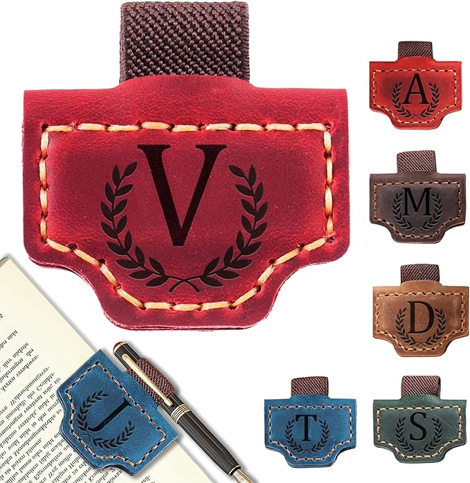 Personalized Bygone Mark Bookmark with Pen Holder, Leather Magnetic Bookmark 26 Letters Name Initial Bookmarks for Readers, Book Lover Gifts for Women Men Notebook Accessories (Red, V)