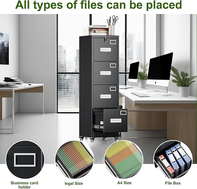 Aobabo 4 Drawer File Cabinet with Wheels, Lockable Metal Filing Cabinet with Name Card for Office and Home,Assembly Required,Black