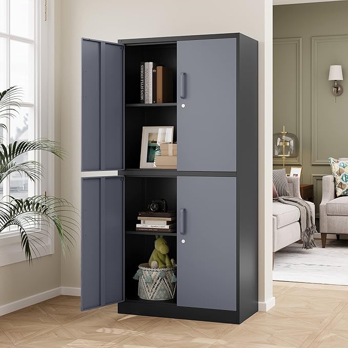STANI Metal Storage Cabinet, Locking Steel Cabinet with 4 Doors and 2 Adjustable Shelves, 71'' Lockable File Tall for Home Office,Garage,School, Black&grey, (TSJ-BG)
