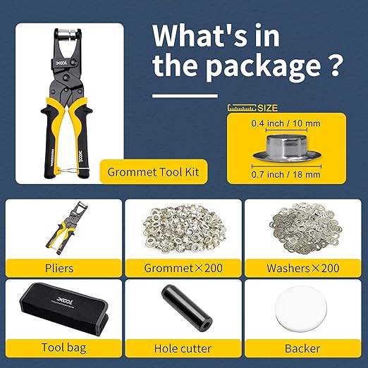 XOOL Grommet Tool Kit, 200PCS 3/8 inch 10mm Grommets, Leathercraft Punching Tool, for Canvas, Fabric, Tarps, and DIY Craft Projects