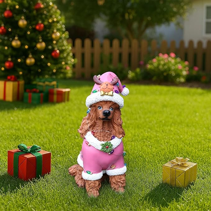 Christmas Decorations Outdoor Dog Statue, Resin Poodle Dog Sculpture with Pink Christmas Santa Outfit & Lights, Battery Operated Indoor Holiday Décor Gift for mom
