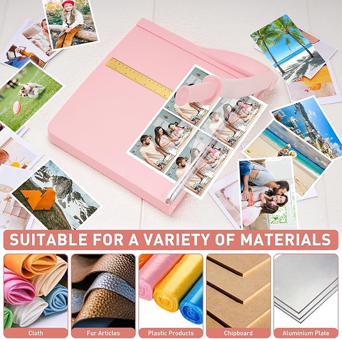 Paper Cutter, Paper Slicer with Safety Guard and Blade Lock, 12" Cut Length Guillotine Paper Cutter with 16 Sheet Capacity, Paper Cutters and Trimmers for Cardstock Cardboard (Pink)