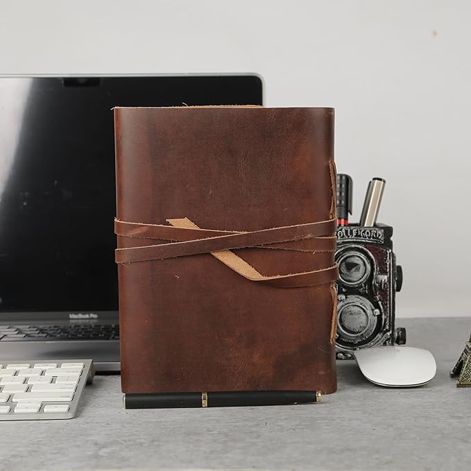Dark Tan Leather Journal 7x5 | Handmade Vintage Notebook with Unlined Pages | Rustic Cotton Paper | Antique-Style Travel Diary & Sketchbook for Men & Women