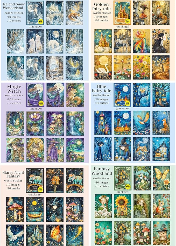 Large 6 Sets 60 Pcs Washi Stickers Book Kit for Journaling, Vintage Aesthetic Fairy Forest Magic Scrapbook Stickers for Scrapbooking Bullet Junk Journal Supplies Planner Stationery Collage Craft Gifts