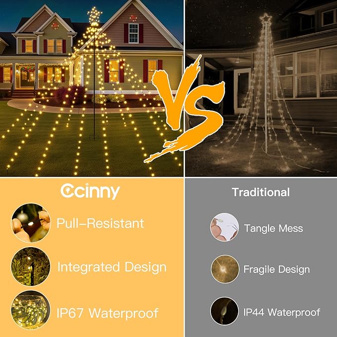 Christmas Tree Lights 340LED with Topper Star, IP67 Waterproof Remote Control Waterfall Lights with Pole, 16 Modes 3 Timers Dimmable Christmas Decorations for Outdoor Yard (Warm White)