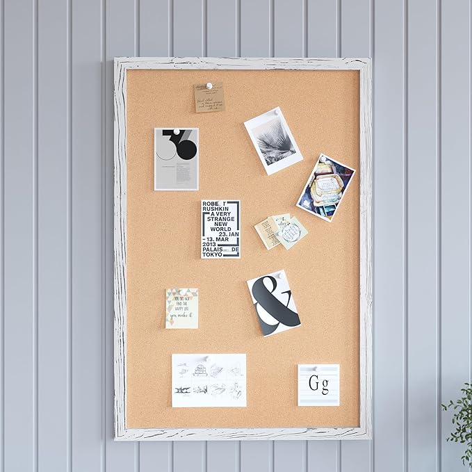 HBCY Creations Wall Mount Whitewashed Cork Board - 24" W x 36" H - 6 Wooden Push Pins - Solid Pine Wood Frame - for Kitchen, Classrooms, Restaurant Menus and More!