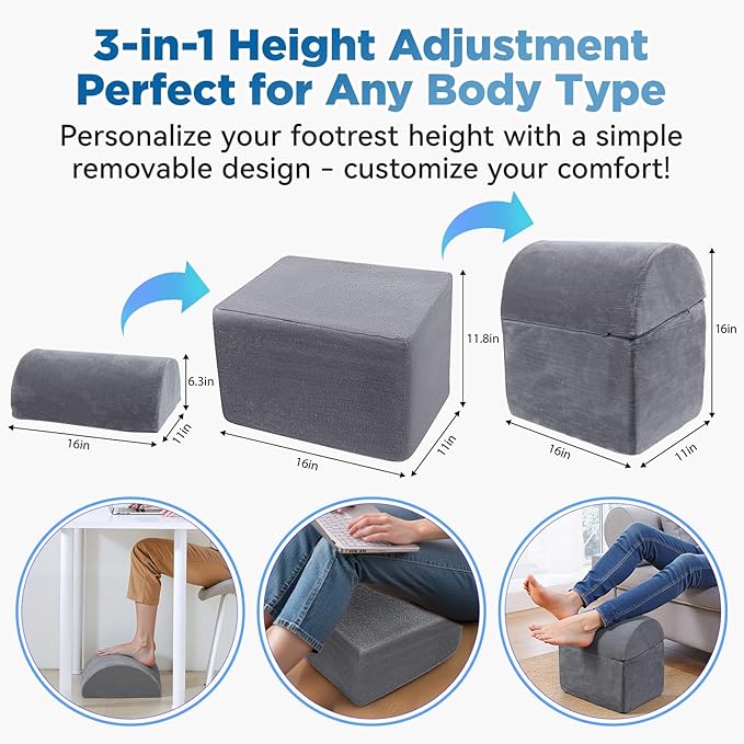 Adjustable Foot Rest for Under Desk - 3-in-1 Ergonomic Foot Stool with Zipper Connection, Height Adjustable for Office, Home & Gaming (Gray)