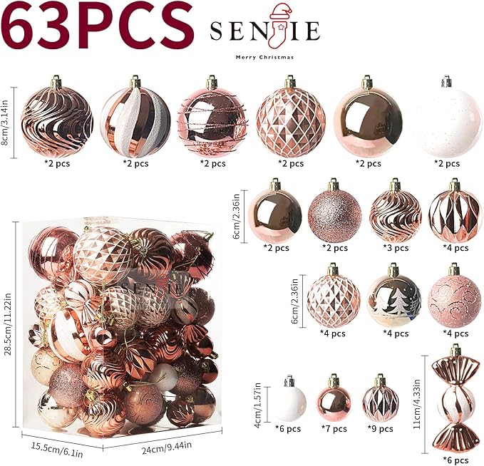 Christmas Ball Ornaments Set Assorted Shatterproof Ornaments 63 PCS Shaped Styles Xmas Tree Holiday Decorative,Rose Gold