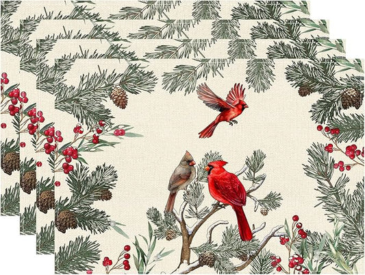 XCHI Cardinal Birds Winter Pine Tree Christmas Xmas Placemats Set of 4 Table Mats for Party Home Kitchen Dining Table Decorations 12x18 Inch