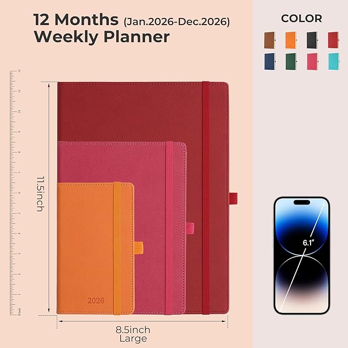 Weekly Monthly 2026 Planner (Jan.26-Dec.26),11.5"x8.5",12 Months Agenda Plan with Month Tabs & Pocket,Expenses/Note Pages, Appointment Book Calendar with Vegan Leather Cover,Rose Red