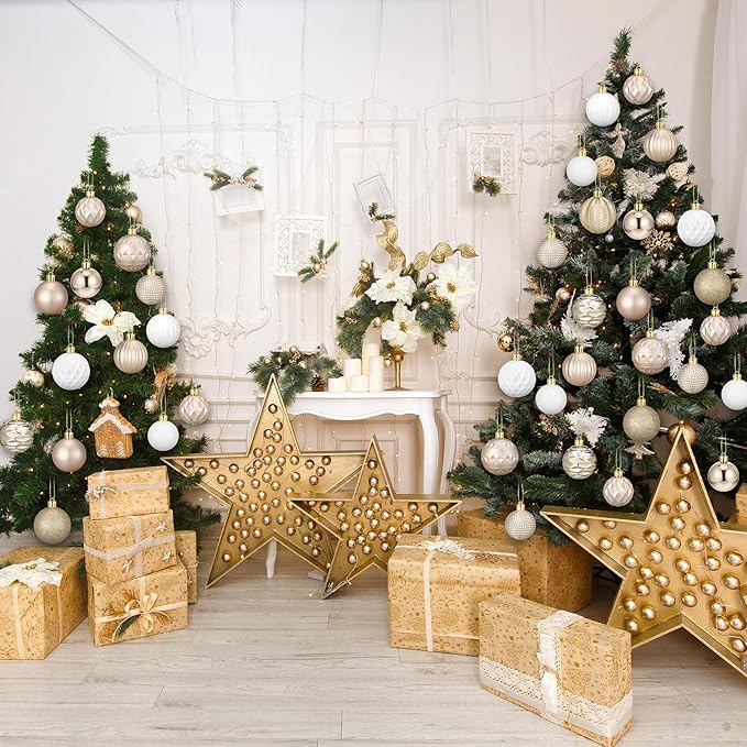 64 Pcs Neutral Christmas Ball Ornaments Champagne Gold White Christmas Tree Decorations Set 1.6/1.97/2.4 Inch Shatterproof Glitter Matt Xmas Baubles Neutral Ornaments for Xmas Tree Home Decor