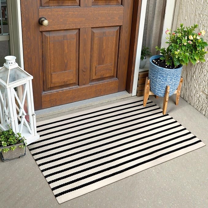 Collive Black and White Striped Door Mat 24"x35", Cotton Hand Woven Welcome Entryway Rug, Washable Small Christmas Porch Decor, Christmas Welcome Mat for Indoor Outdoor Kitchen Farmhouse Entrance