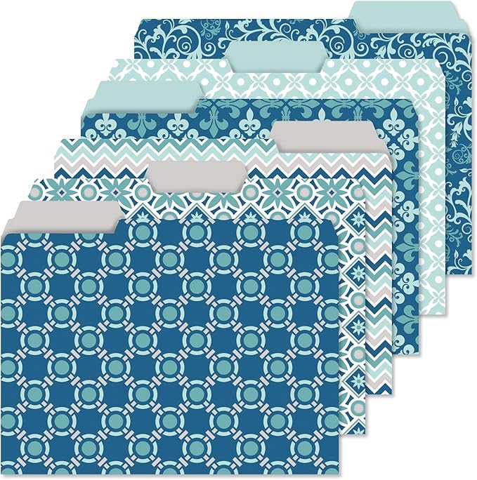 Current Coastal Blues File Folders Value Pack - Bulk Set of 24, 6 Pretty Decorative Designs, 1/3 Cut Tabs, Heavy-Duty Paper Stock, Office Supplies for Home & Work, 9-½” x 11-¾” Letter Size