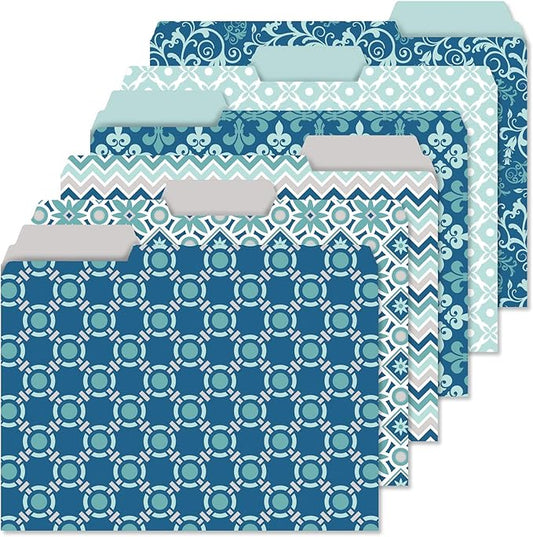 Current Coastal Blues File Folders Value Pack - Bulk Set of 24, 6 Pretty Decorative Designs, 1/3 Cut Tabs, Heavy-Duty Paper Stock, Office Supplies for Home & Work, 9-½” x 11-¾” Letter Size