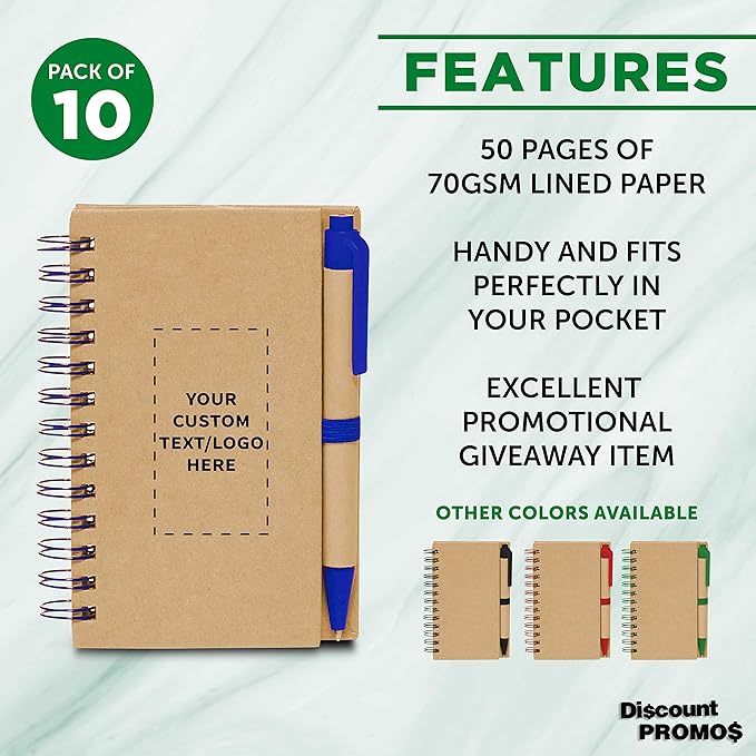 Custom Mini Spiral Notebooks with Black Ink Pens Set of 10, Personalized Bulk Pack - Perfect for School, Office, Business, Home - Blue