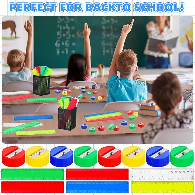 100 Pcs Plastic Rulers and 100 Pcs Mini Round Manual Pencil Sharpener Bulk, 4 Assorted Colors Pocket Sized Pencil Sharpeners Colorful Straight Ruler Back to School Supplies for Kids (Classic,6 Inch)