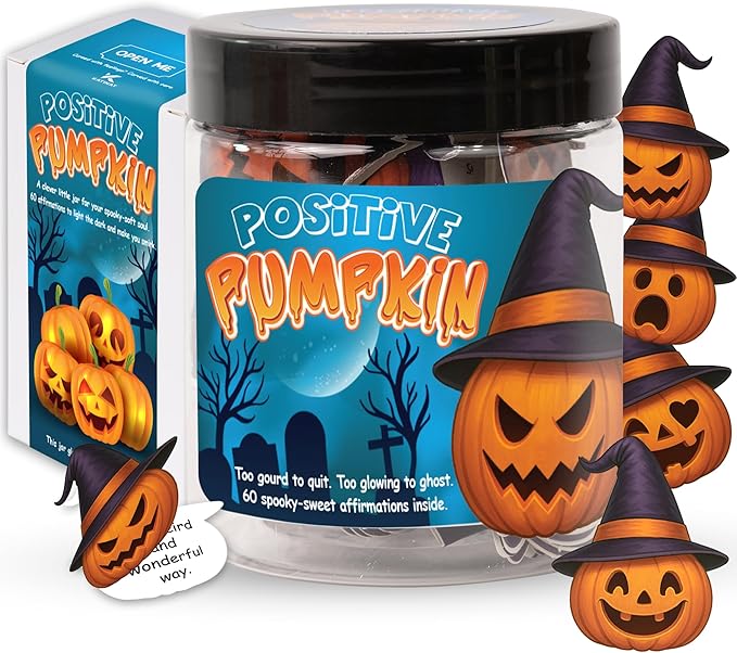 Positive Halloween Pumpkins Jar – 60 Emotional Support Pumpkins, Halloween Gifts for Women, Men,Teens, Fall Gifts Basket Stuffer, Pumpkin Basket Filler, Cute Halloween Decorations
