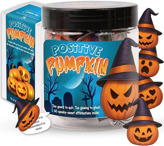 Positive Halloween Pumpkins Jar – 60 Emotional Support Pumpkins, Halloween Gifts for Women, Men,Teens, Fall Gifts Basket Stuffer, Pumpkin Basket Filler, Cute Halloween Decorations