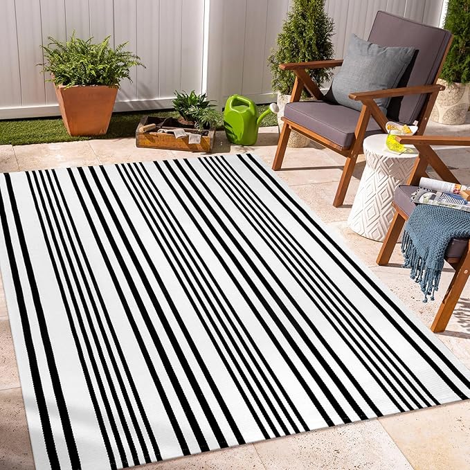 OJIA Outdoor Area Rug 4'x6', Black and White Outdoor Rug Machine Washable Patio Rugs Cotton Hand Woven Door Mats Indoor Outdoor Striped Rugs for Front Porch/Deck/Backyard/Living Room