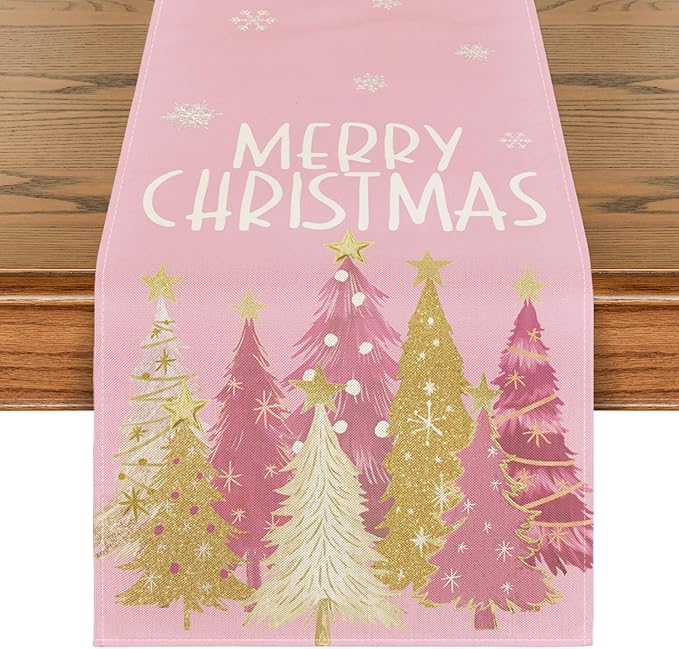 Artoid Mode Xmas Trees Snowflakes Pink Merry Christmas Table Runner, Winter Seasonal Kitchen Dining Table Decoration for Home Party Decor 13x90 Inch